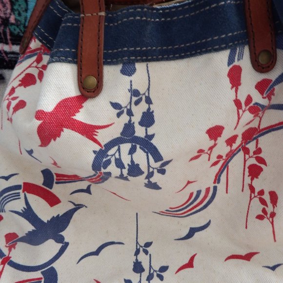 Lucky Brand Vintage Inspired Canvas Backpack Leather Trim Birds Rainbows - Picture 5 of 10